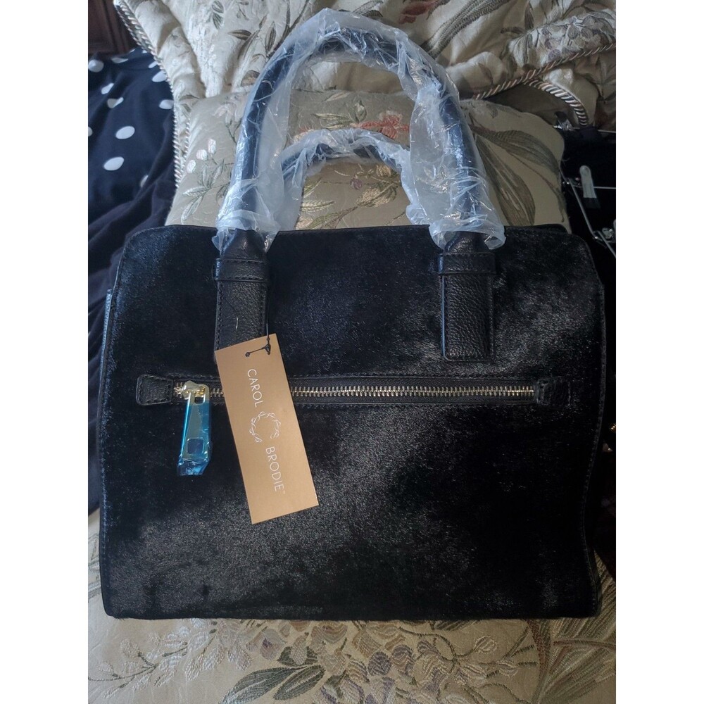NWT Carol Brodie Black Leather & Haircalf Satchel with Gold Lucky Charms - Picture 5 of 16